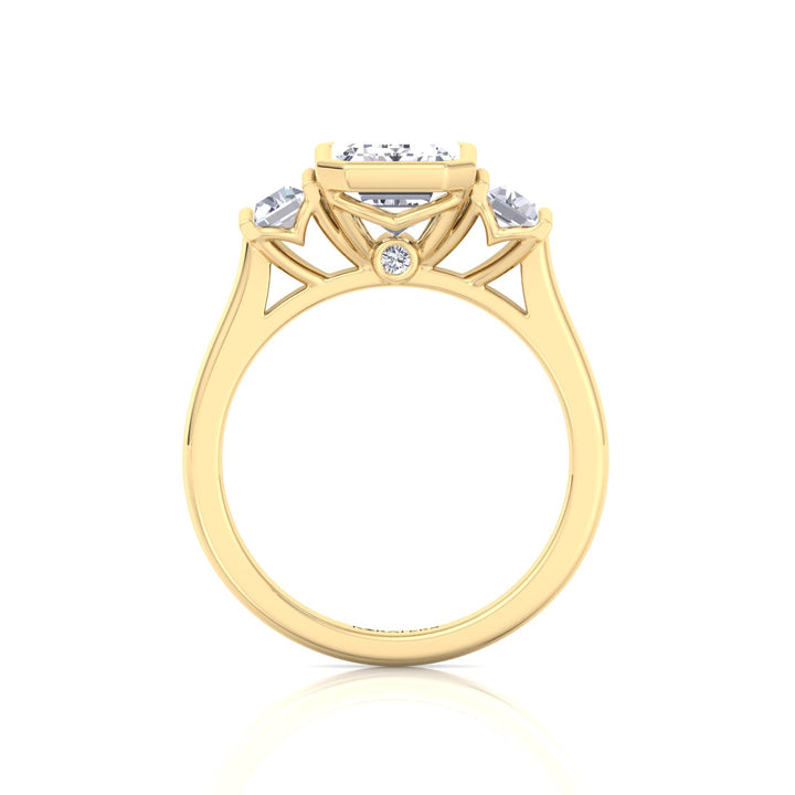 Three Stone Emerald Shape Lab Grow Diamond Engagement Ring Yellow Gold 