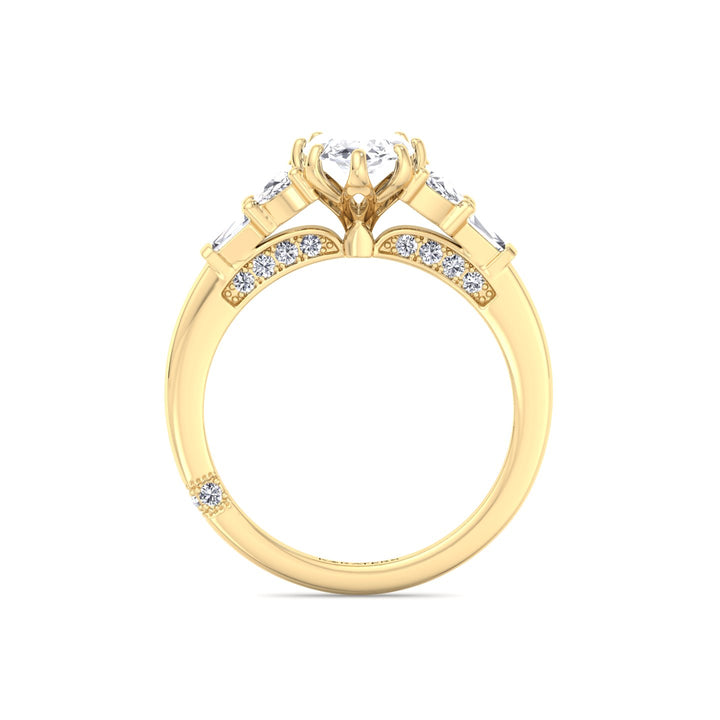 Marquise Shape Lab Grown Diamond Engagement Ring with Half Moon and Tapered Baguette Sidestones Yellow  14K 18K