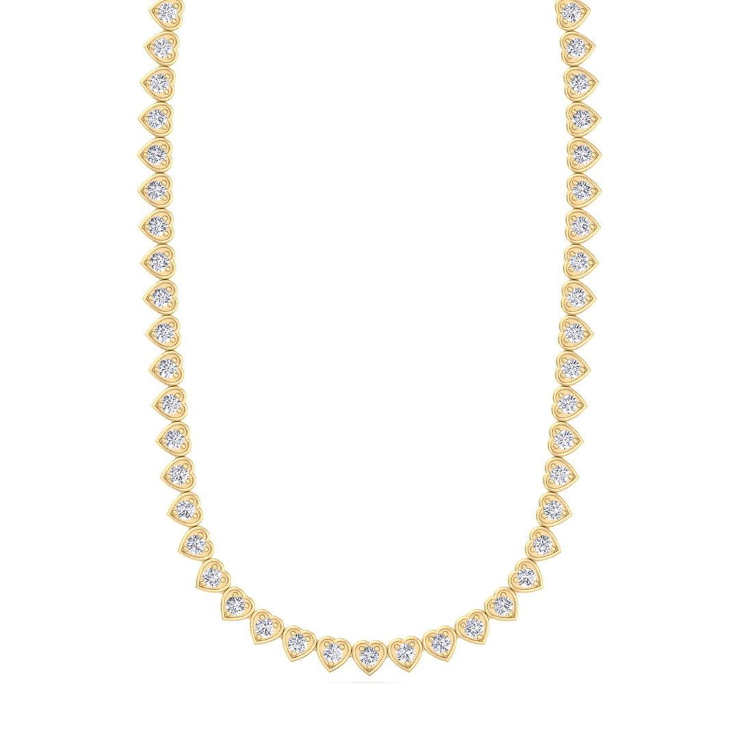 Heart Shape Bezel Set Lab Grown Diamond Tennis Necklace Yellow Gold 13ct