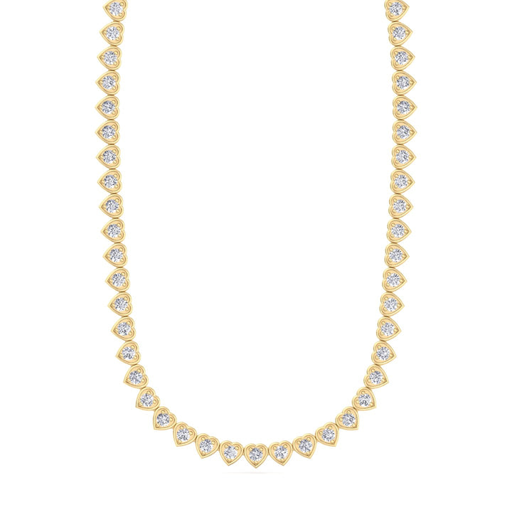 Heart Shape Bezel Set Lab Grown Diamond Tennis Necklace Yellow Gold 13ct