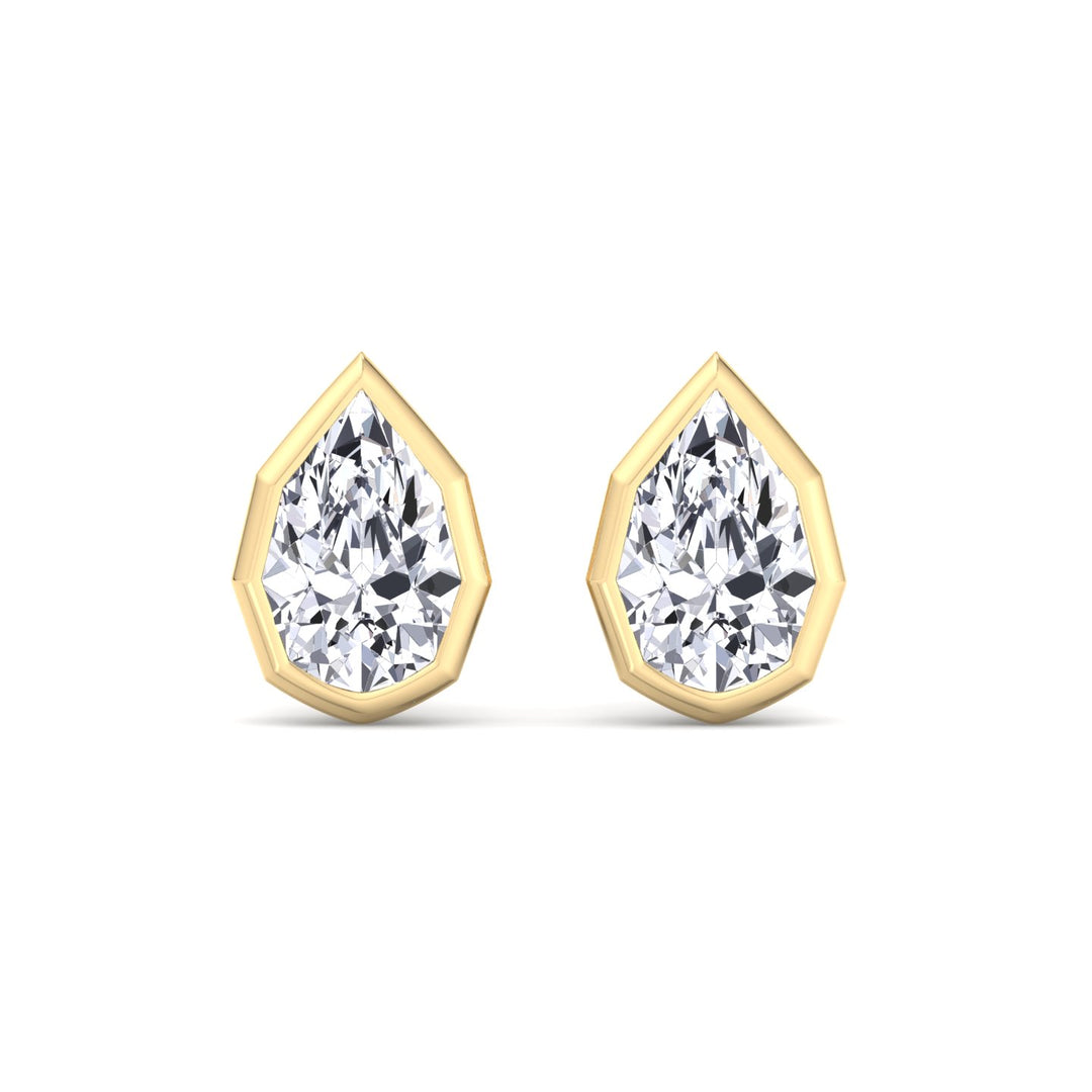 YG Pear-Shaped Lab Grown Diamond Studs in a Geometric-Style Bezel Setting front view