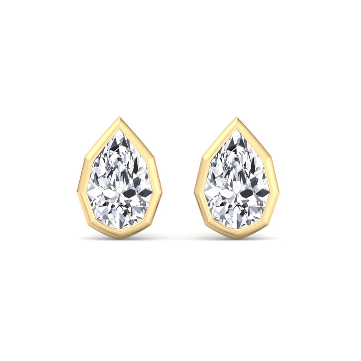 YG Pear-Shaped Lab Grown Diamond Studs in a Geometric-Style Bezel Setting front view