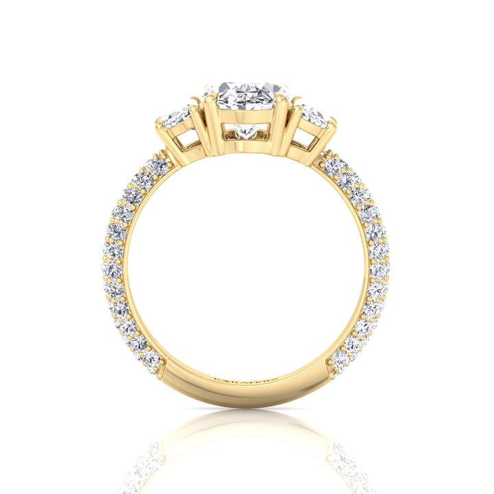 Oval and Half Moon Shape Three Stone Lab Grown Diamond Engagement Ring with Pave Band Yellow Gold