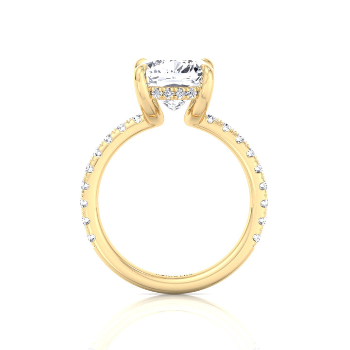 Cushion Cut Lab Grown Diamond Engagement Ring with Sidestones and Hidden Halo Yellow Gold 