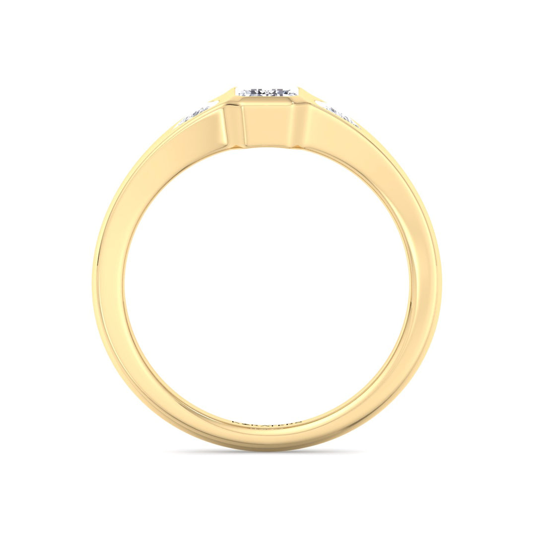 Bezel Set Emerald Lab Grown Diamond with Trillion Sidestones Engagement Ring Yellow Gold