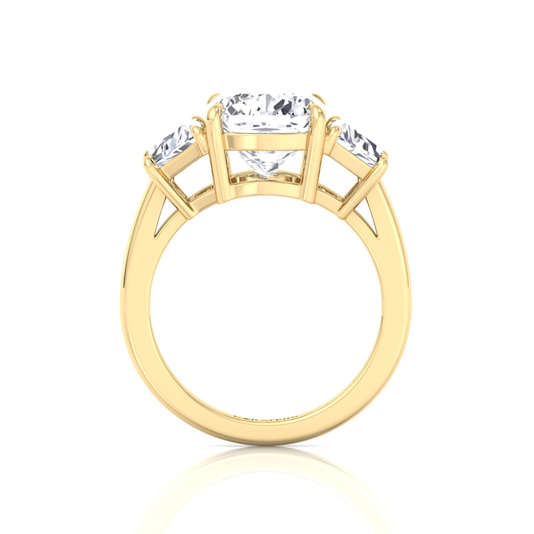 Cushion & Trapezoid Three Stone Lab-Diamond Engagement Ring Yellow Gold