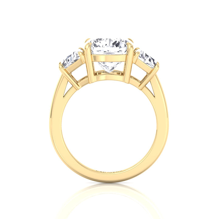 Cushion & Trapezoid Three Stone Lab-Diamond Engagement Ring Yellow Gold