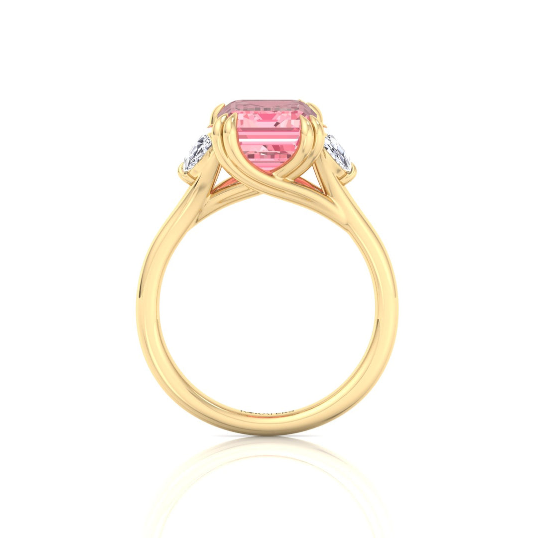 Fancy Pink Emerald Shape Lab Grown Diamond Engagement Ring with Half Moon Sidestones Yellow Gold