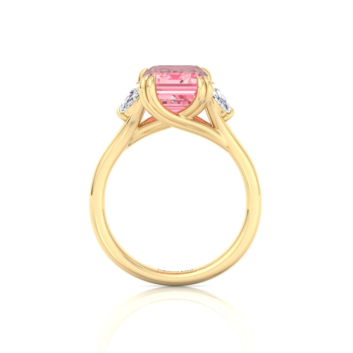 Fancy Pink Emerald Shape Lab Grown Diamond Engagement Ring with Half Moon Sidestones Yellow Gold