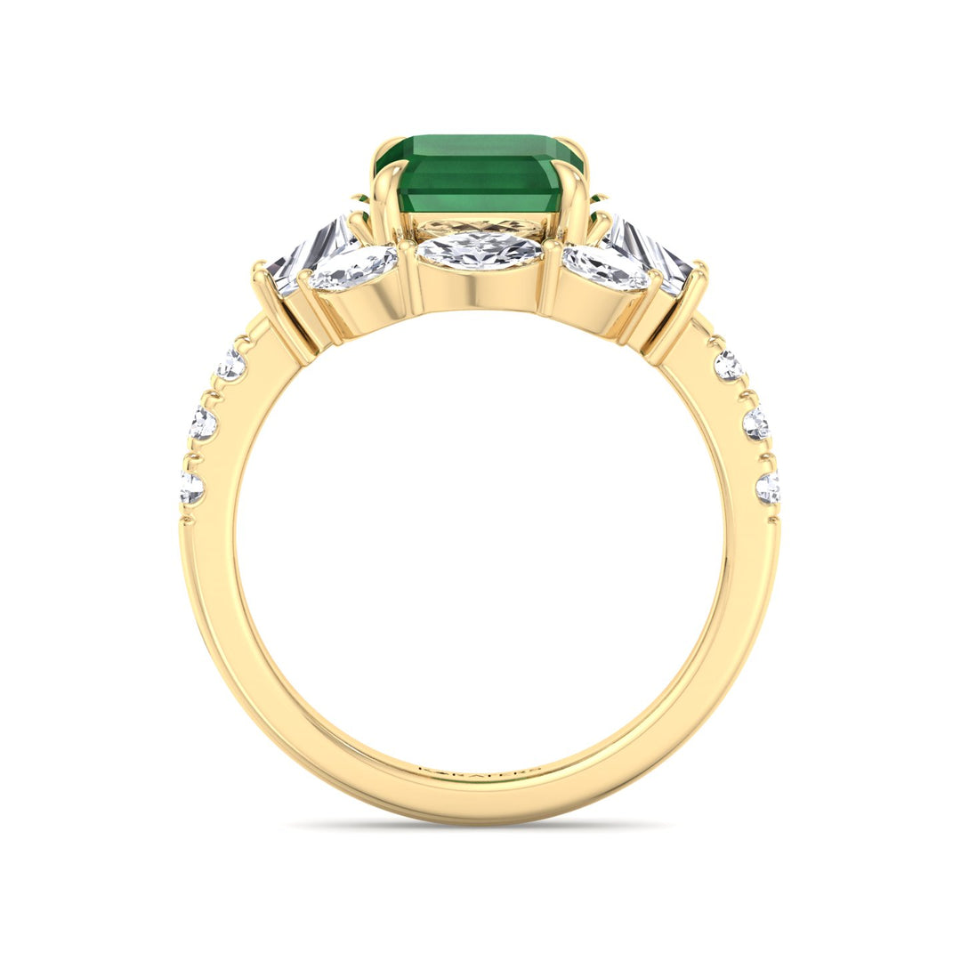 YG Green Emerald Lab Grown Diamond with Multiple Side Stone Engagement Ring standing