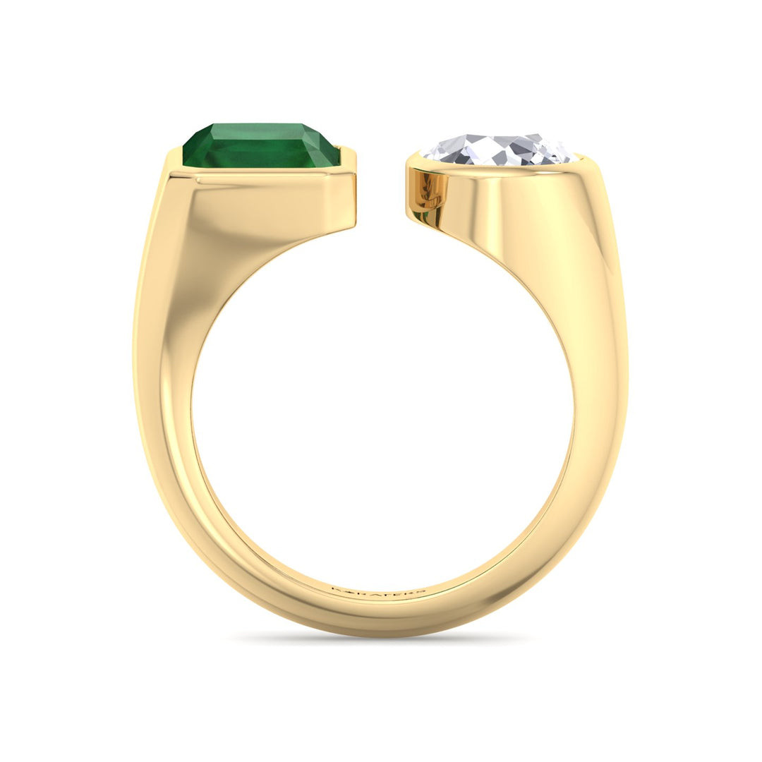YG Radiant Green Emerald and Pear Shape Bezel Set Lab Grown Diamond standing