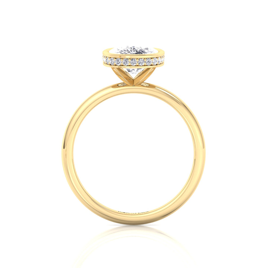 Bezel Set Cushion Cut Lab Grown Diamond Engagement Ring with Hidden Halo Yellow Gold