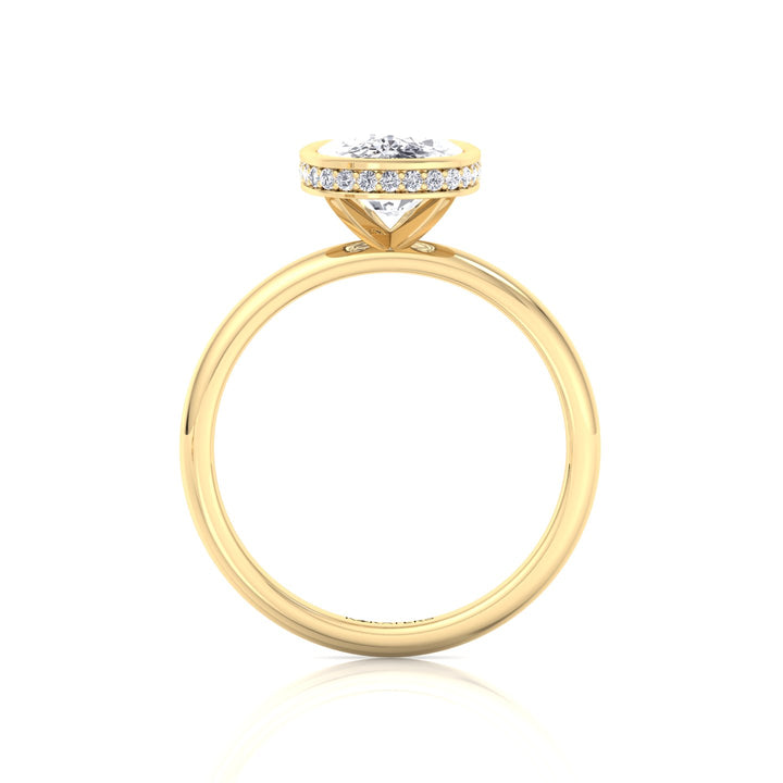 Bezel Set Cushion Cut Lab Grown Diamond Engagement Ring with Hidden Halo Yellow Gold