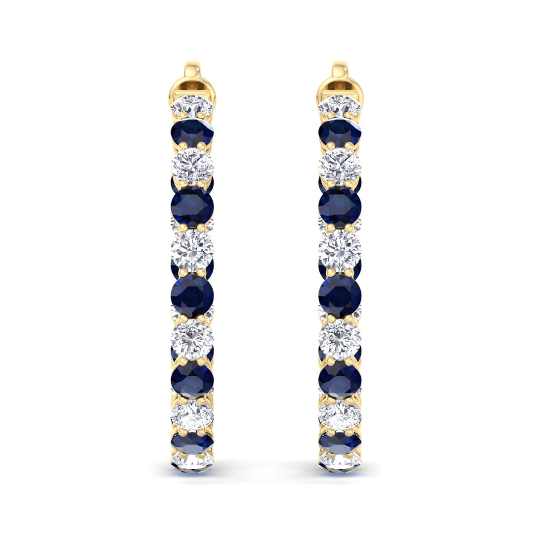 Alternating Lab Grown Blue Sapphire and Diamond Inside Out Hoop Earrings Yellow Gold 18K