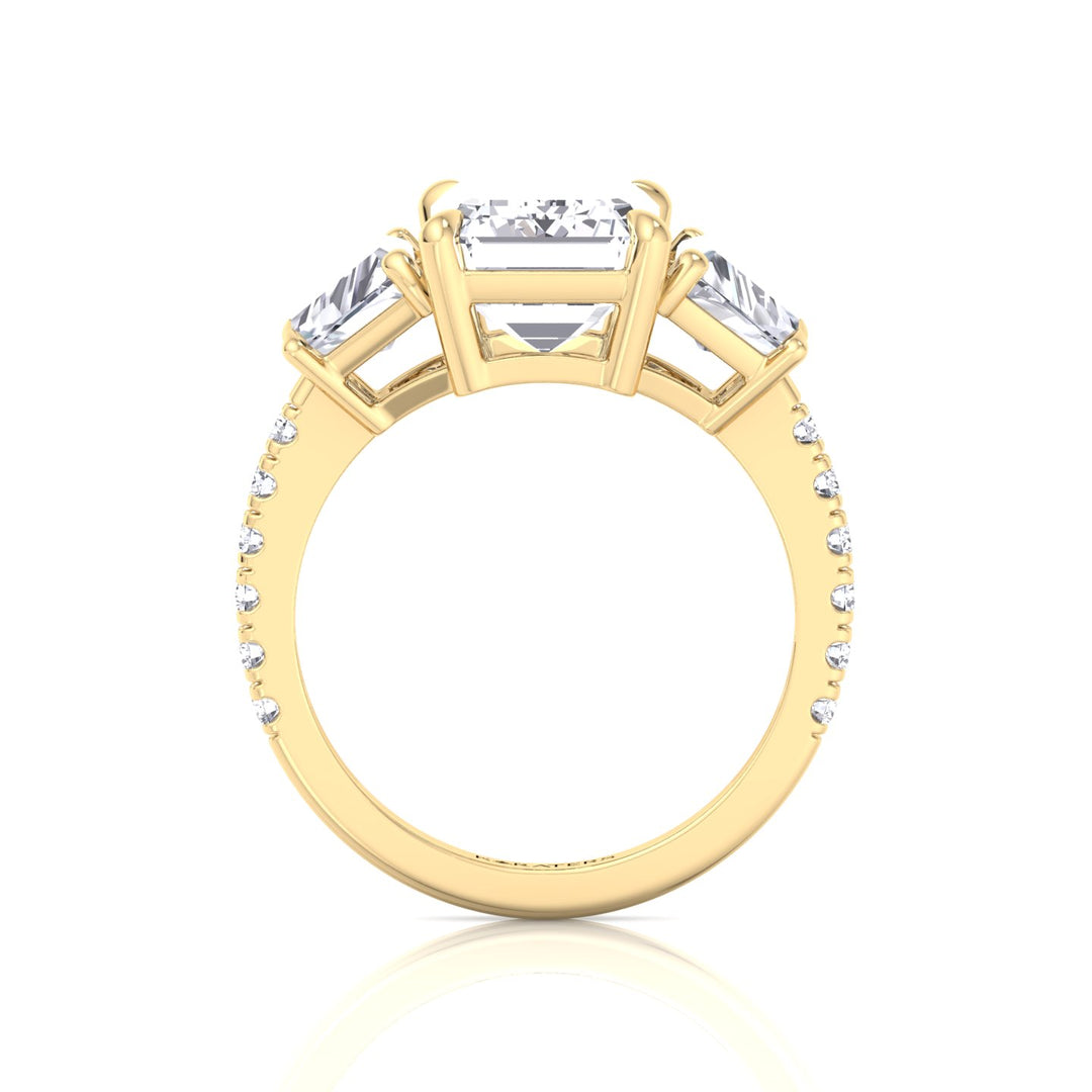 Emerald & Trapezoid Three Stone Lab-Grown Diamond Engagement Ring with Sidestones Yellow Gold 