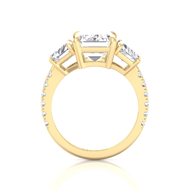 Emerald & Trapezoid Three Stone Lab-Grown Diamond Engagement Ring with Sidestones Yellow Gold 