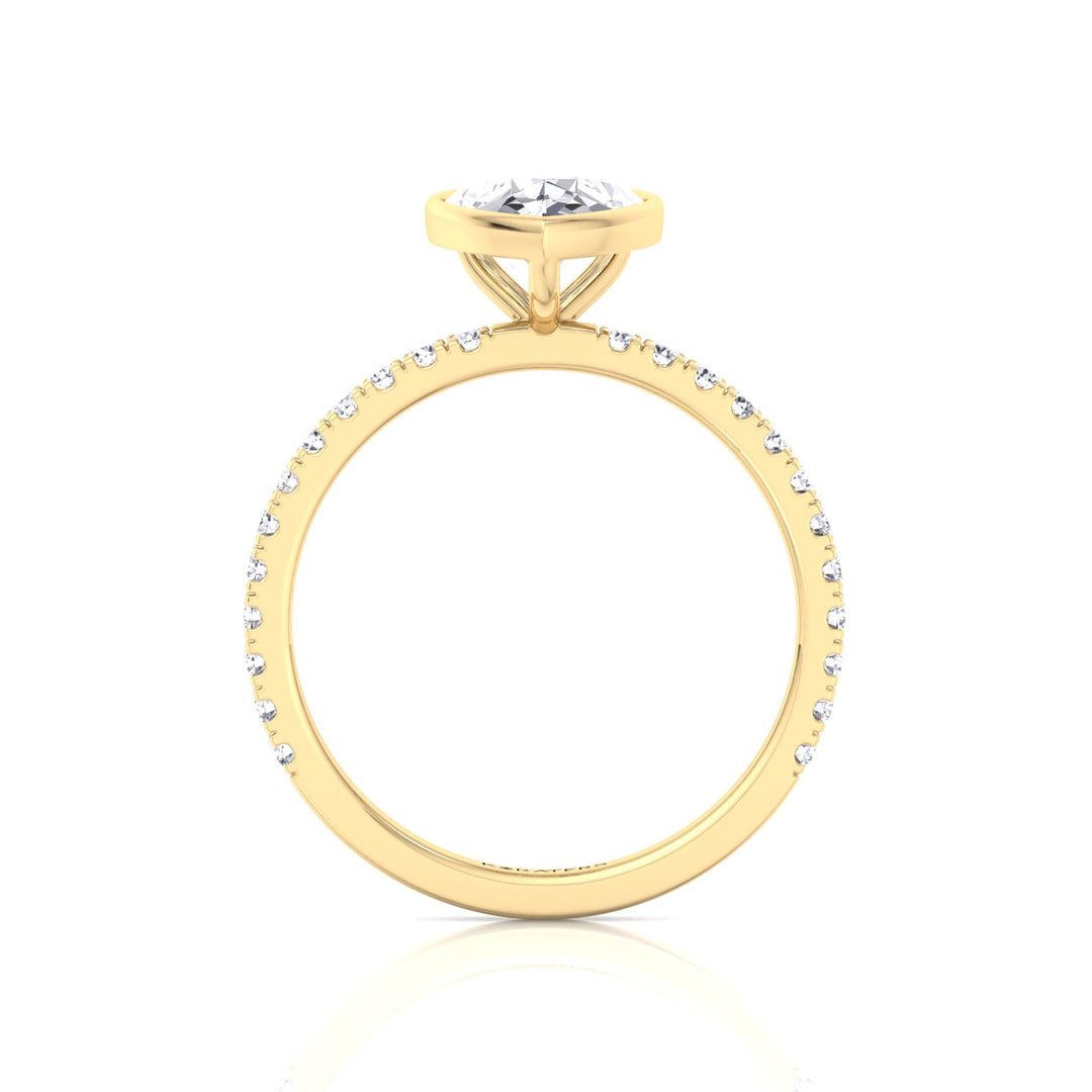 Bezel Set Pear Shape Lab Grown Diamond Engagement Ring With Pave Band Yellow Gold 