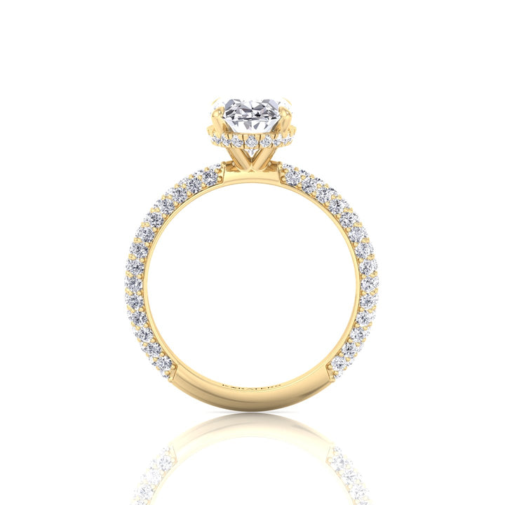 Oval Shape Lab-Grown Diamond Invisible Halo Engagement Ring with Three Row Pave Band Yellow Gold 