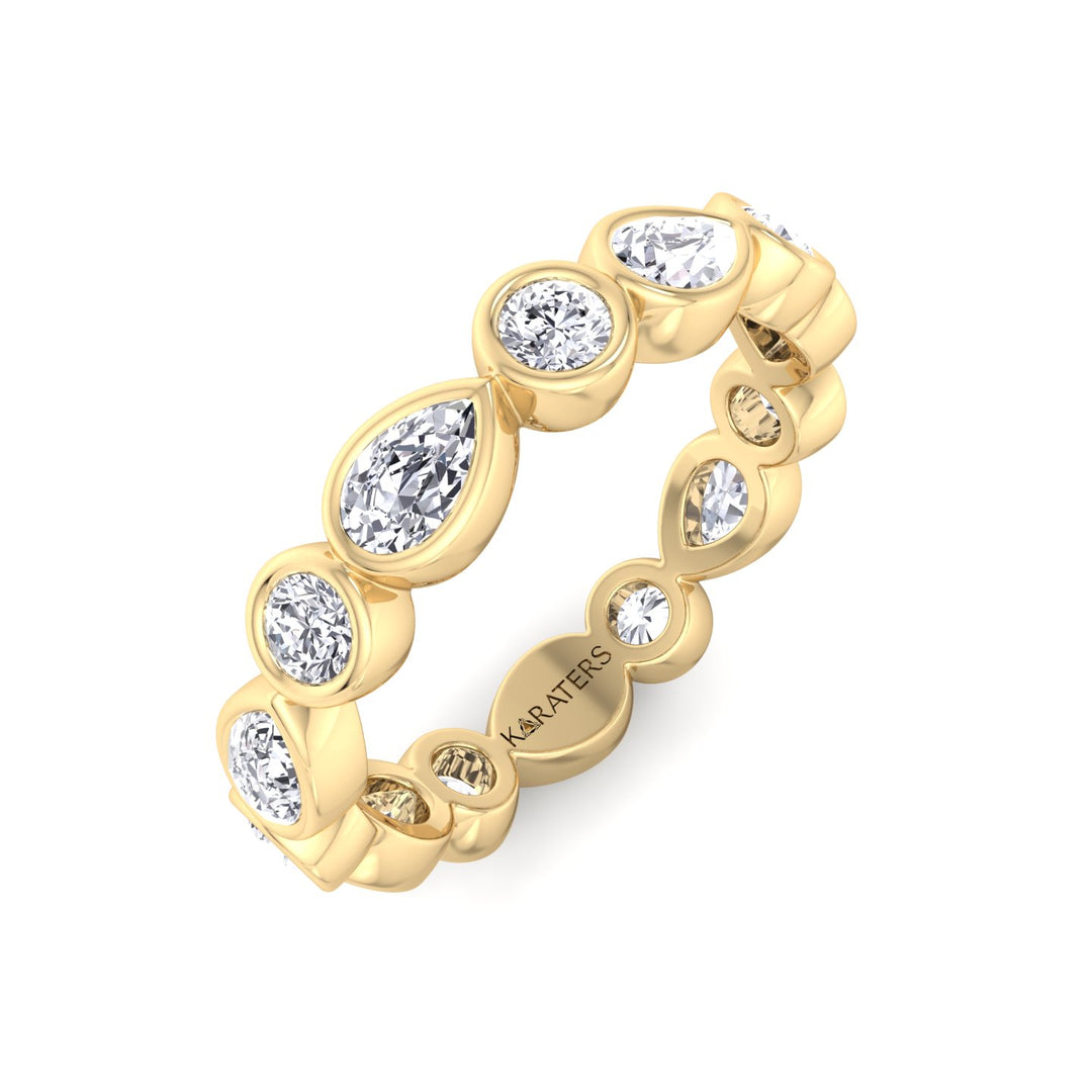 Bezel Set Round and Pear Shape Lab Grown Diamond Eternity Band Yellow Gold 18K