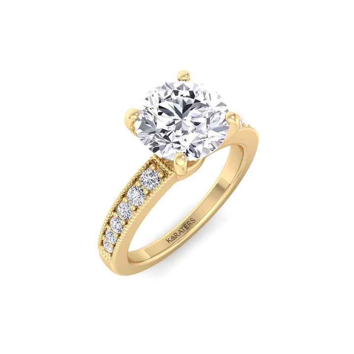 Vintage Round Shape Lab Grown Diamond Engagement Ring with Channel Set Side Stones Yellow Gold  18K