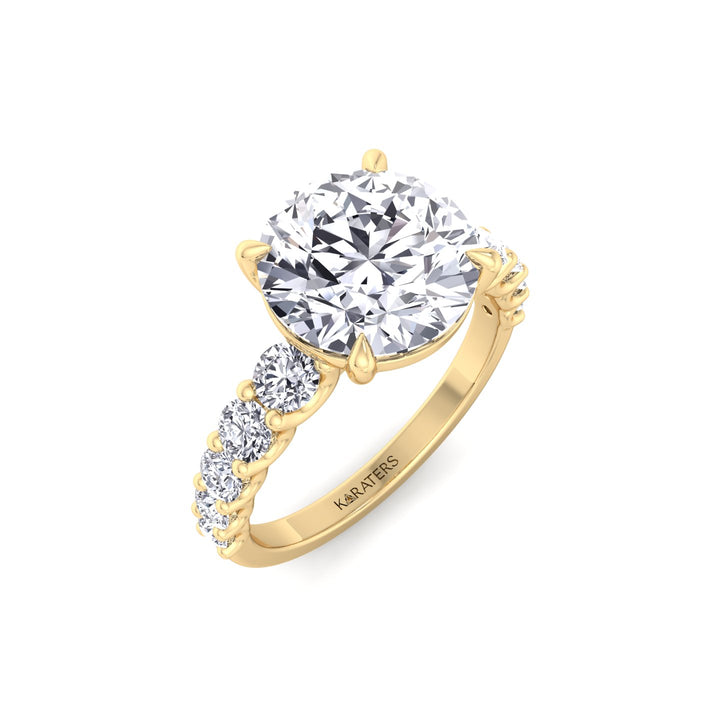 Round Shape Lab Grown Diamond Engagement Ring with Graduated Sidestones Yellow Gold 18K