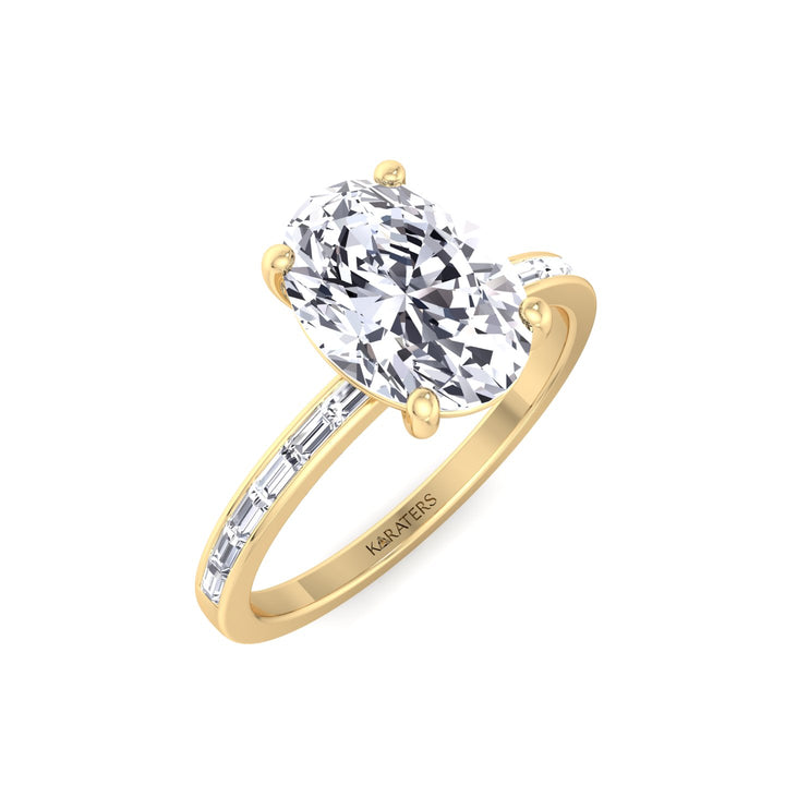 Oval Cut Lab Grown Diamond Engagement Ring with Baguette Channel Band-1CT-2CT-3CT-4CT-5CT-6CT-7CT-8CT-9CT-10CT-18K-Yellow Gold