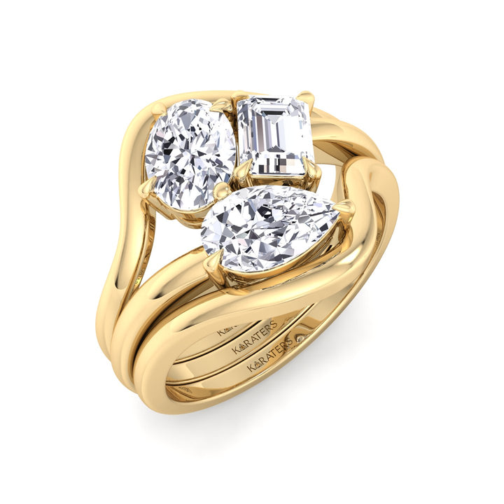3CT Total Weight 3 Stone Lab Grown Diamond Wedding Set Yellow Gold 18K