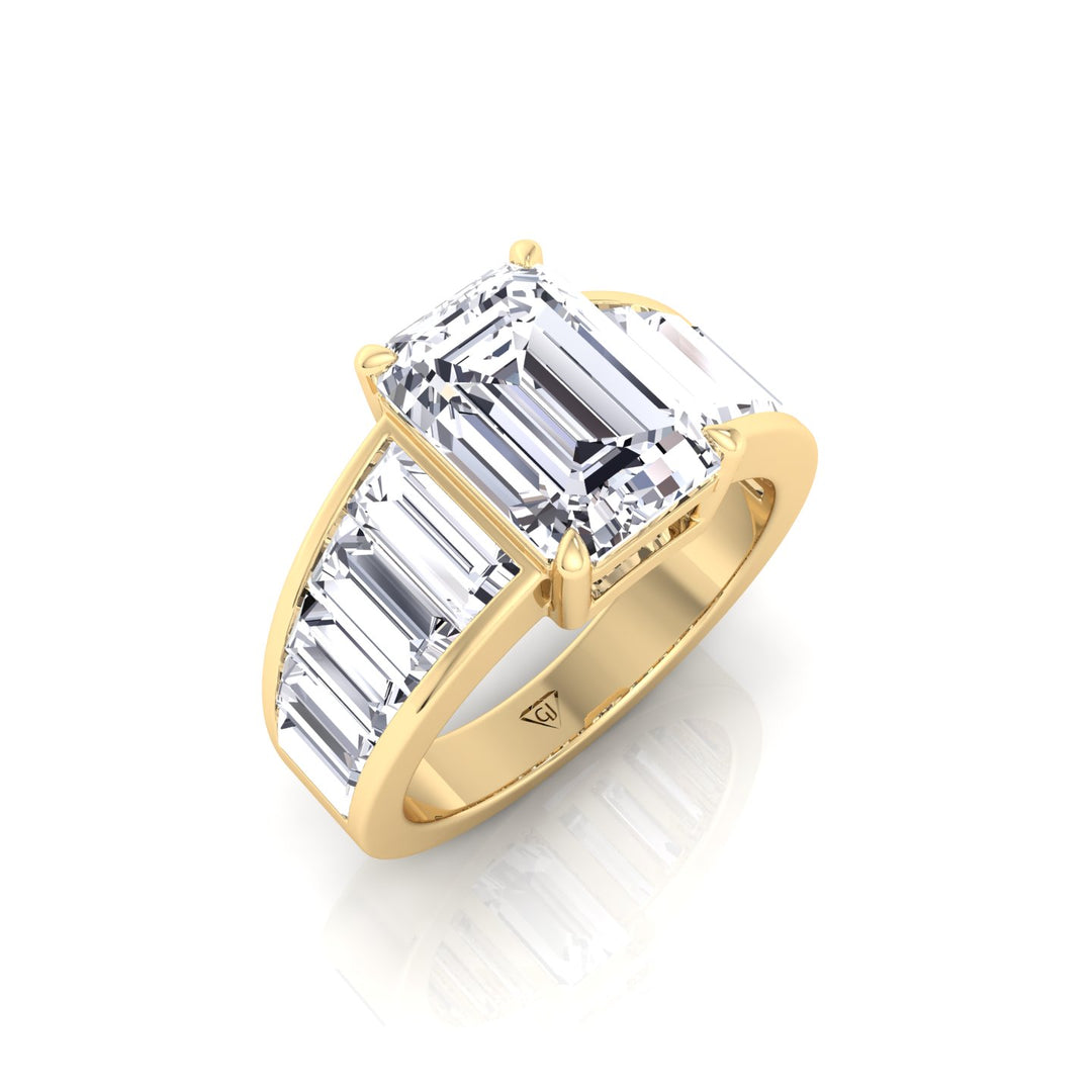 Emerald Shape Lab Grown Diamond Engagement Ring with Graduated Tapered Emerald Sidetones Yellow Gold 18K