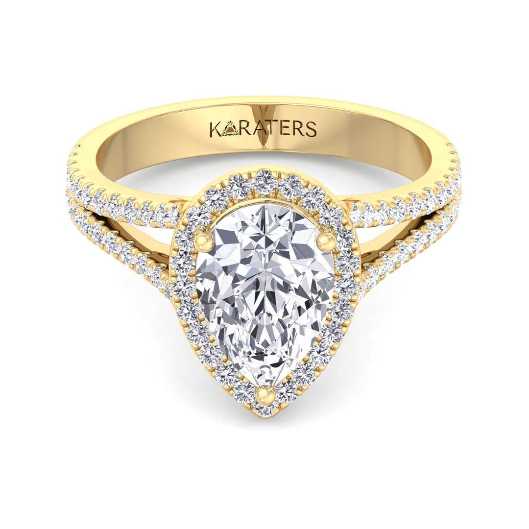 Pear Shaped Lab Grown Diamond Halo Engagement Ring with Pave Double Band