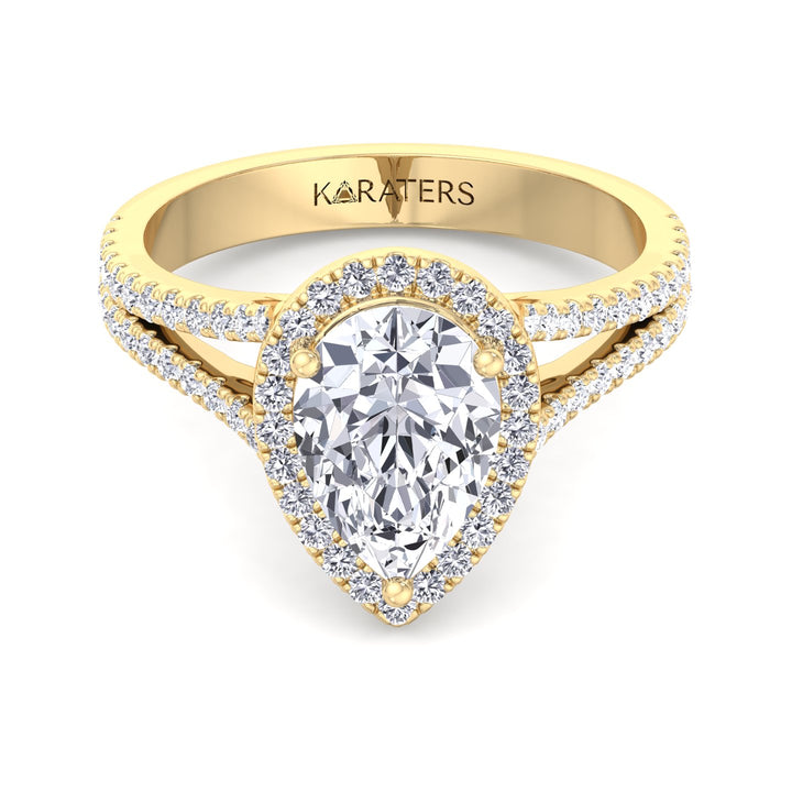 Pear Shaped Lab Grown Diamond Halo Engagement Ring with Pave Double Band