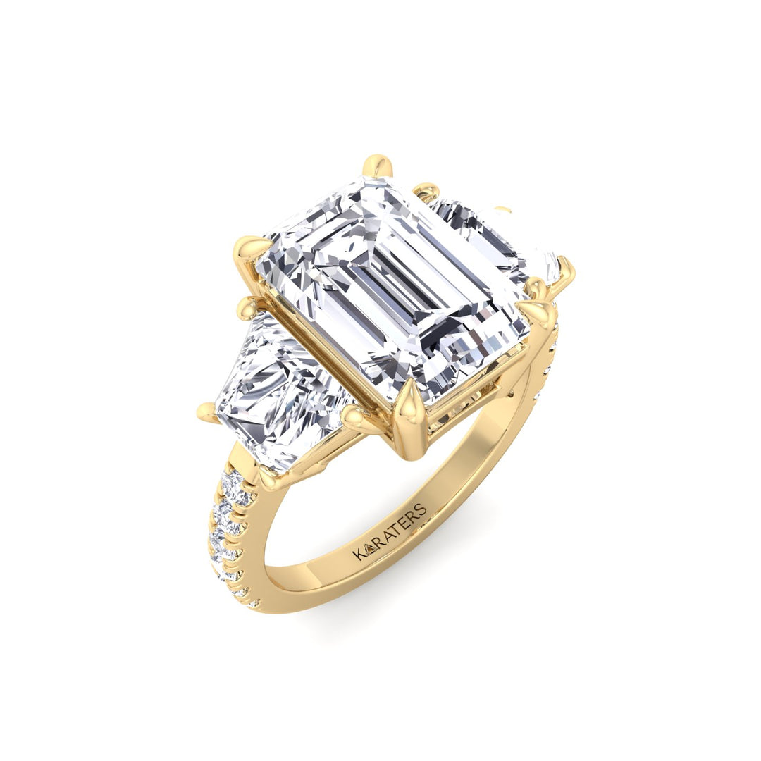 Emerald & Trapezoid Three Stone Lab-Grown Diamond Engagement Ring with Sidestones Yellow Gold 18K