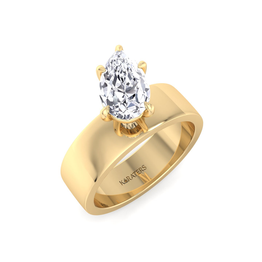 Pear Shaped Lab Grown Diamond Engagement Ring with Wide Band Yellow Gold 14K 