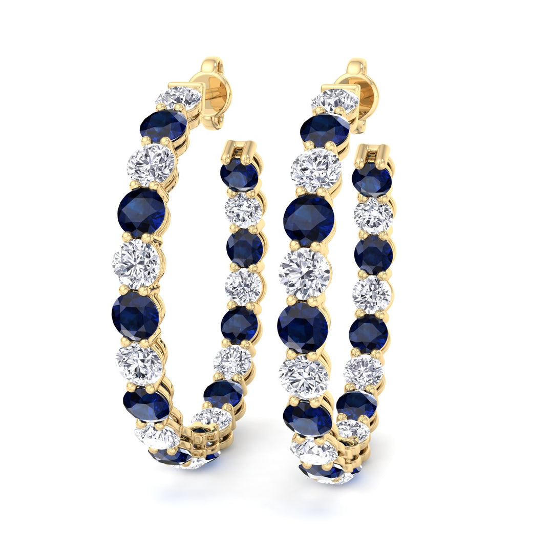 Alternating Lab Grown Blue Sapphire and Diamond Inside Out Hoop Earrings Yellow Gold 14K