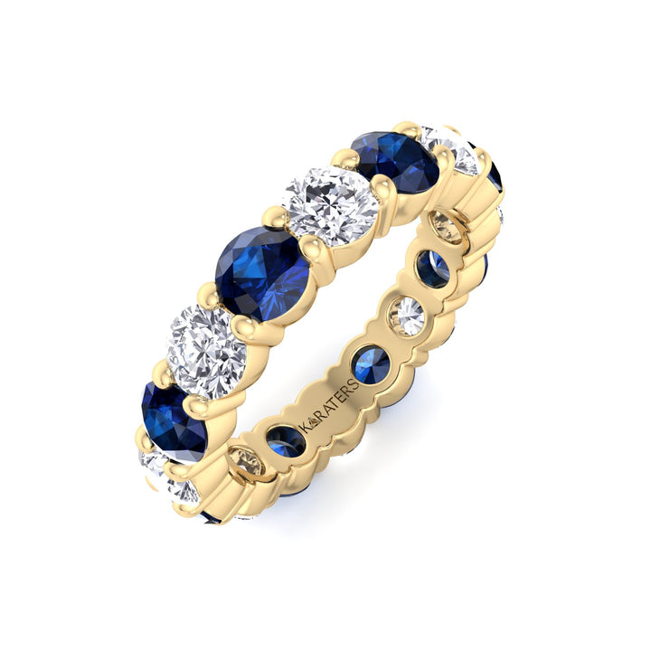 Alternating Round Shape Lab Grown Blue Sapphire and Diamonds Eternity Band Yellow Gold 18K