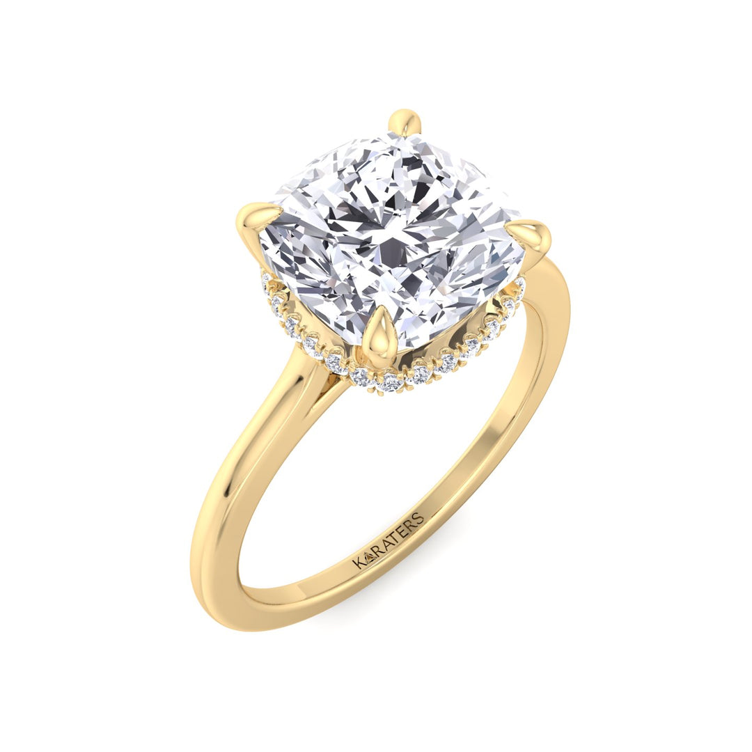 Cushion Cut Lab Grown Diamond Solitaire Engagement Ring with Hidden Halo