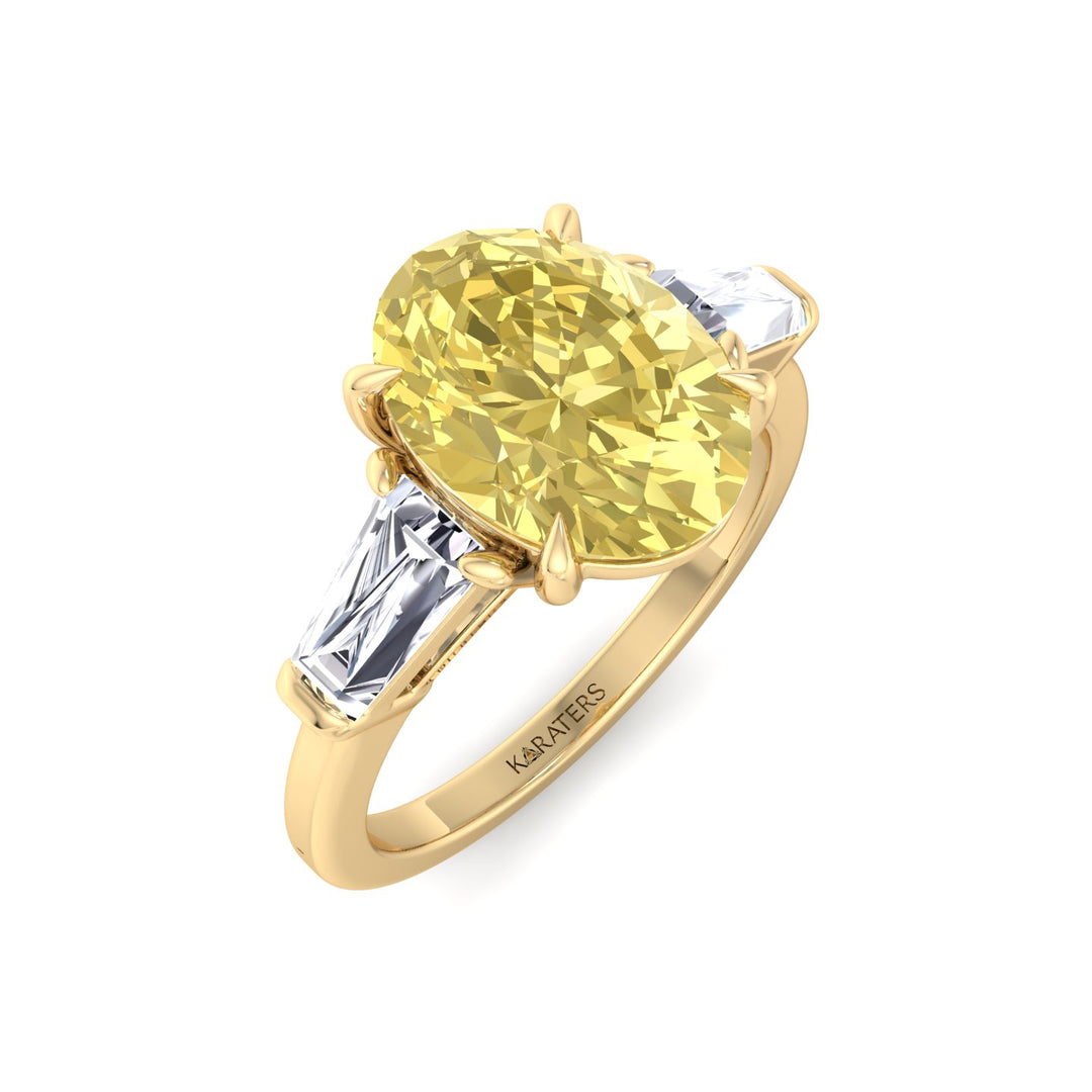 Fancy Yellow Oval Shape Lab Grown Diamond Engagement Ring with Tapered Baguette Sidestones Yellow Gold 18K