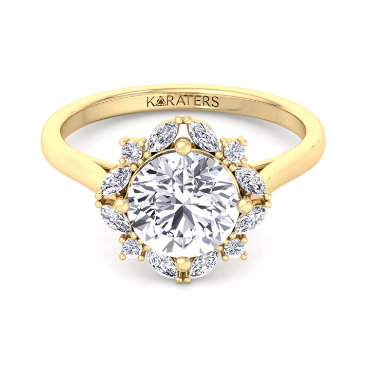 Round and Marquise Cut Solitaire Cluster Lab Grown Diamond Engagement Ring