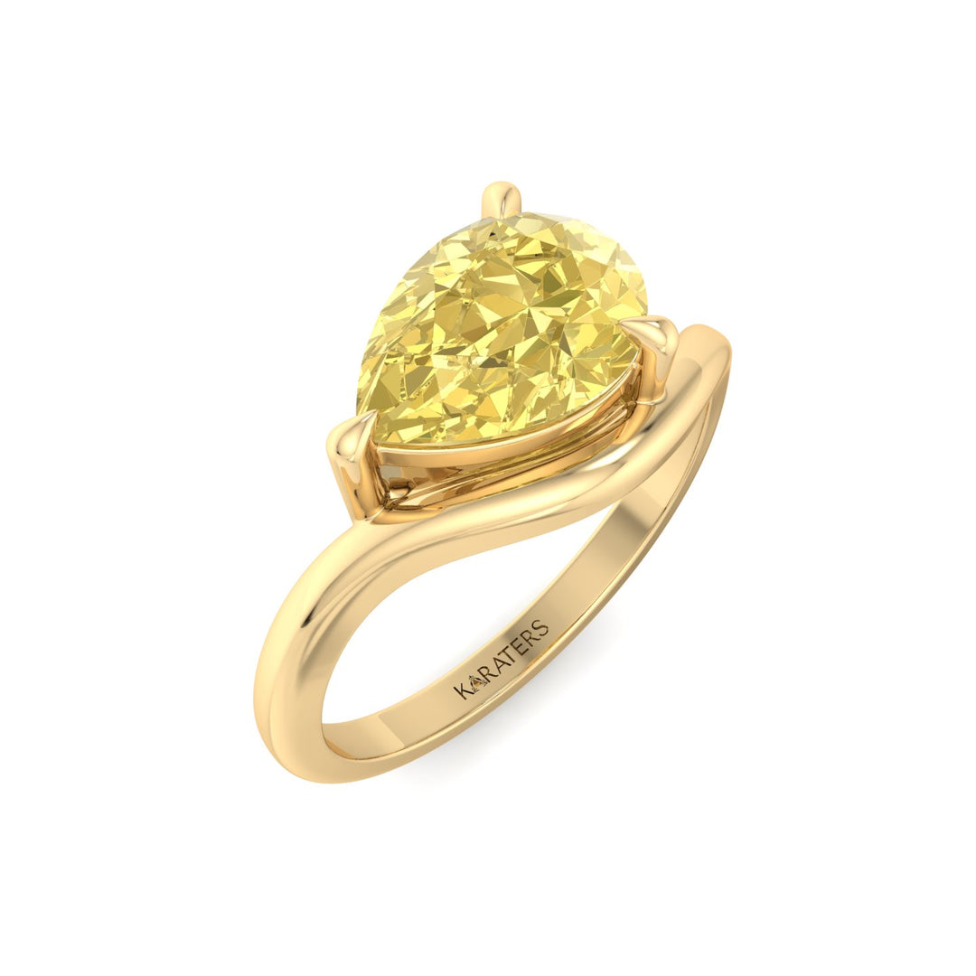 East West Pear Fancy Yellow Shape Lab Grown Diamond Curved Engagement Ring Yellow Gold 18K