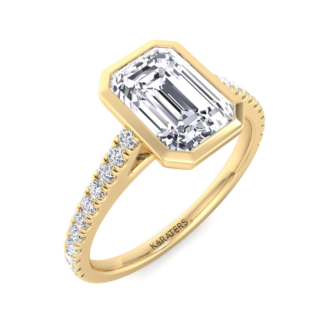 Emerald Cut Bezel Set Lab Grown Diamond Engagement Ring with Cathedral Style Pave Band