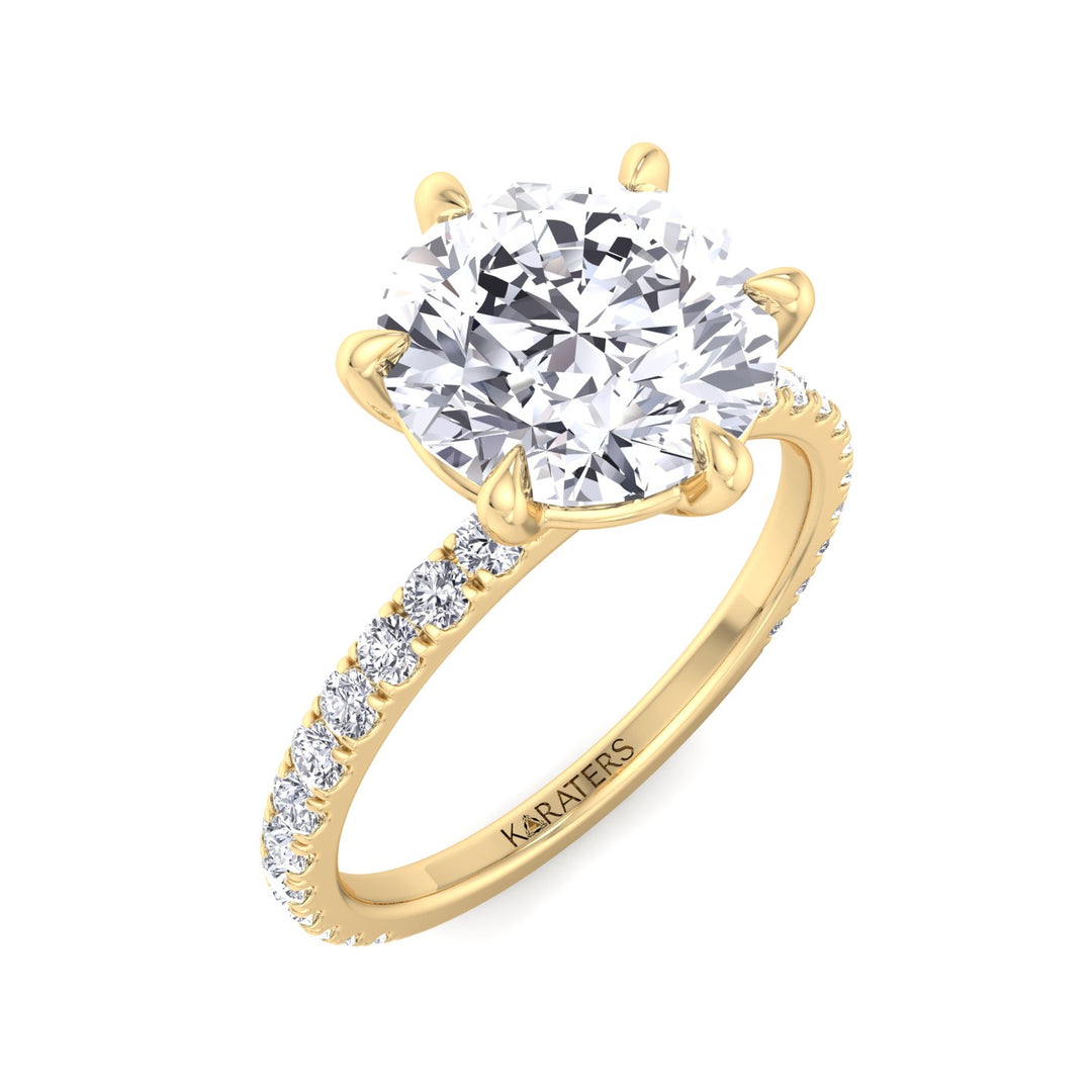 Six Prong Round Cut Lab Grown Diamond Engagement Ring With Pave Band