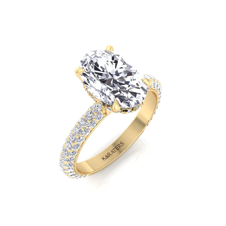 Oval Shape Lab-Grown Diamond Invisible Halo Engagement Ring with Three Row Pave Band Yellow Gold  18K