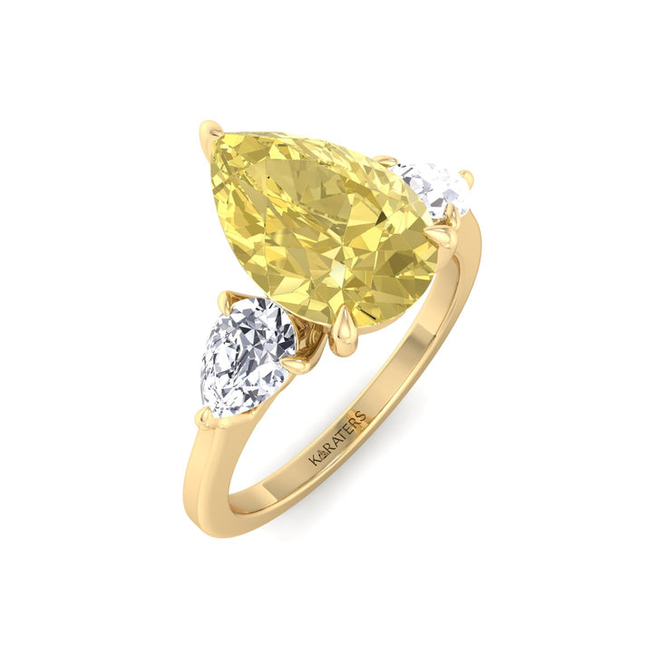 Fancy Yellow Pear Shape Lab Grown Diamond Engagement Ring with Pear Sidestones Yellow Gold 18K