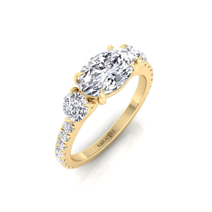 East West Oval Lab-Grown Diamond Engagement Ring with Round Sidestones Yellow Gold 14K 