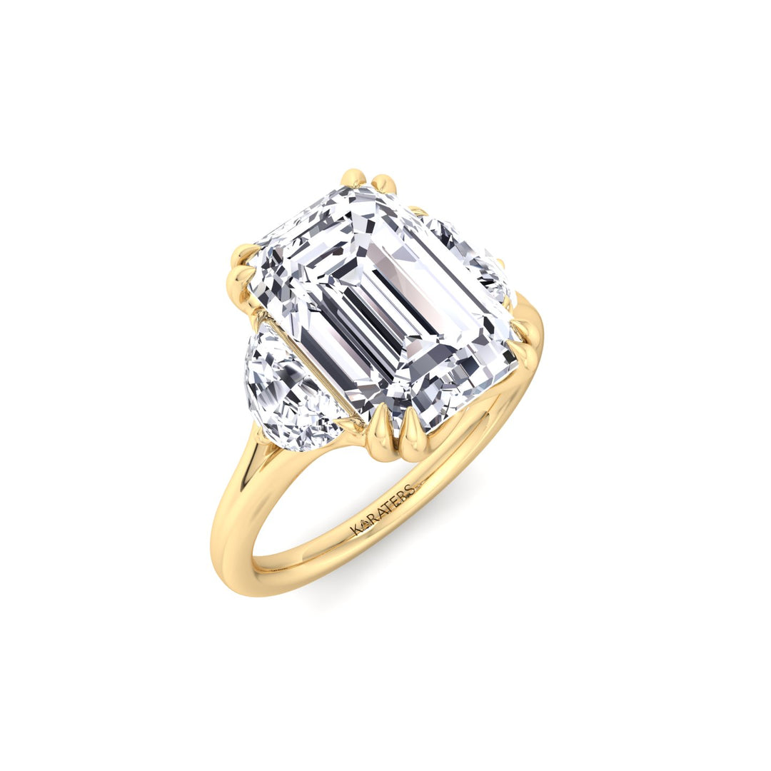 Emerald & Trapezoid Three Stone Lab-Diamond Engagement Ring YG