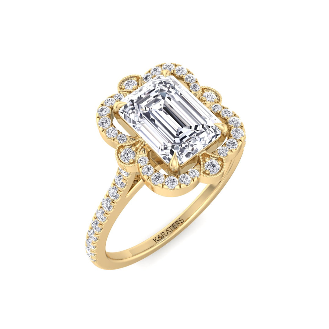 Vintage Style Emerald Cut Lab Grown Diamond Engagement Ring with Pave Band
