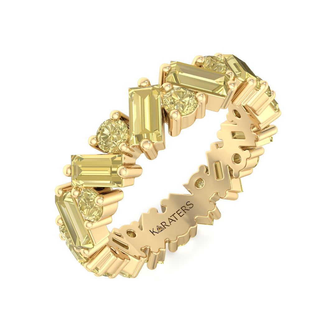 Fancy Yellow Lab Grown Diamond Band with Baguette and Round Shapes Yellow Gold 14K