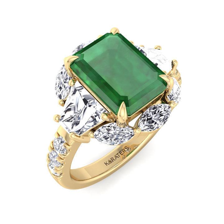 YG Green Emerald Lab Grown Diamond with Multiple Side Stone Engagement Ring side view