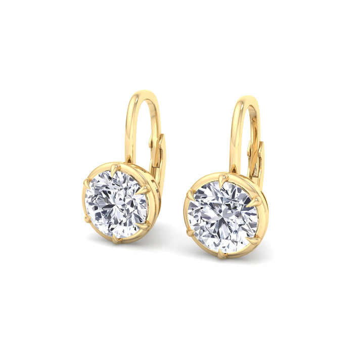 Round Shape Lab Grown Diamond Bezel Prong Drop Earrings Yellow Gold 18K