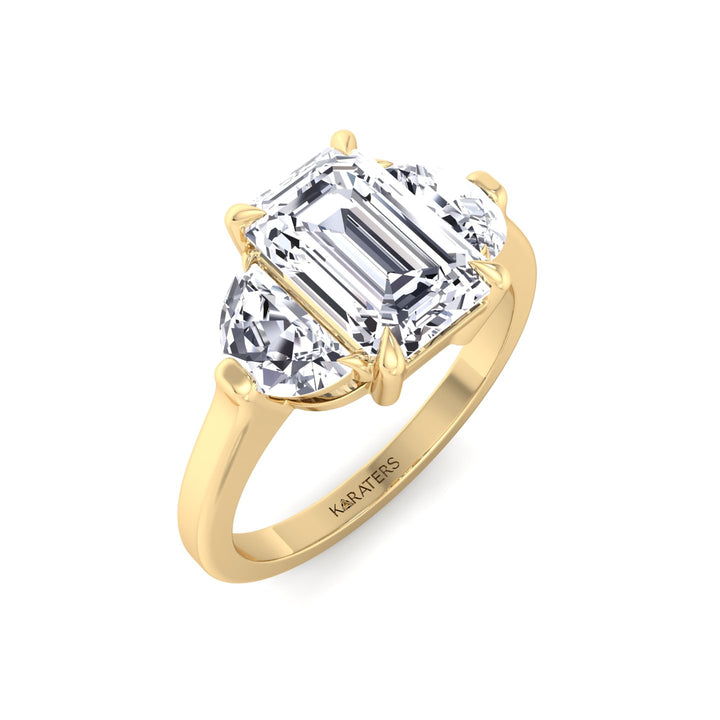 Emerald Shape Lab Grown Diamond Engagement Ring with Half Moon Sidestones Yellow Gold 18K