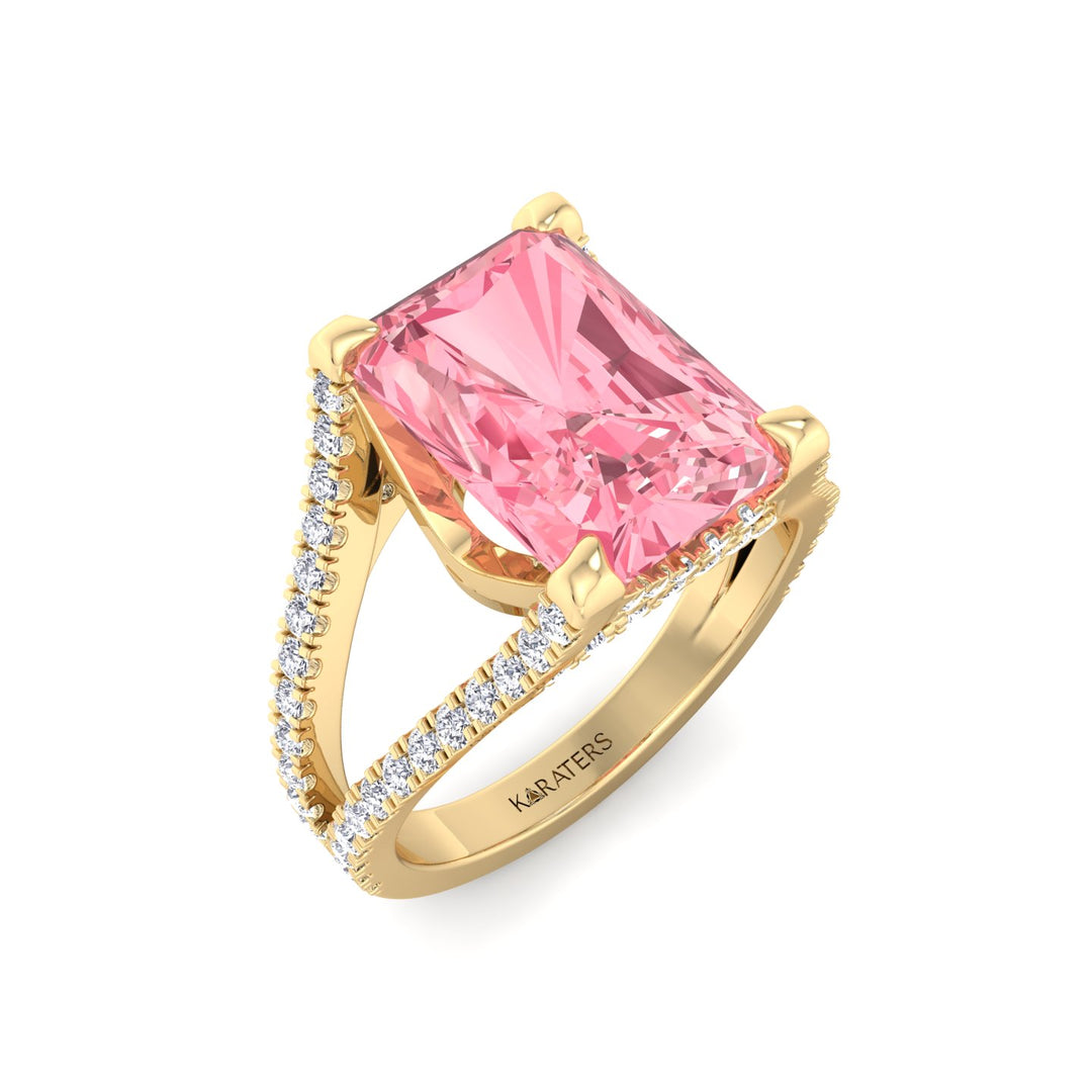 Radiant Cut Pink Diamond Lab Grown Engagement Ring with a Split Band Yellow Gold 18K